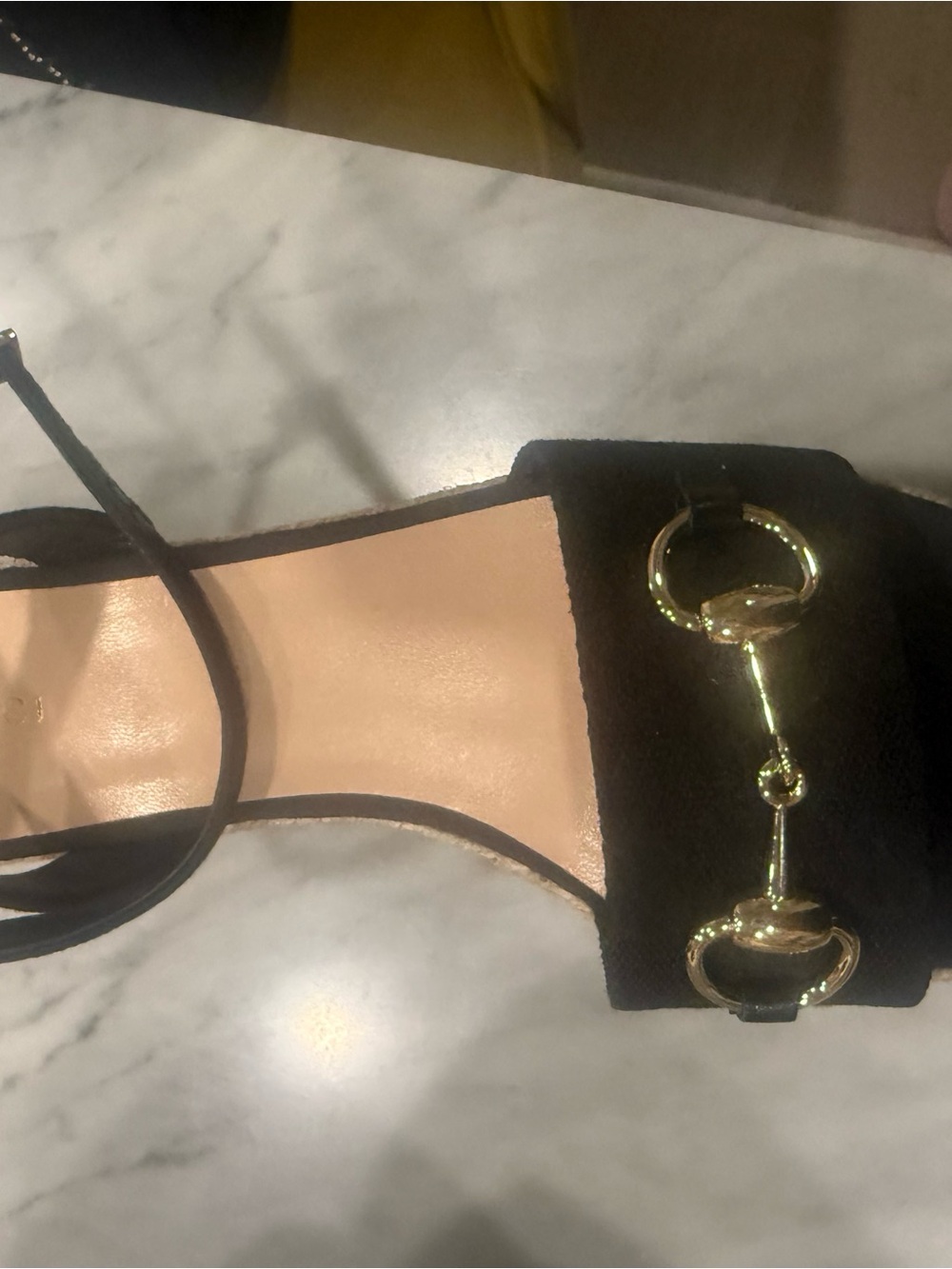 Gucci Black Espadrille platform sandal with Gold Horsebit